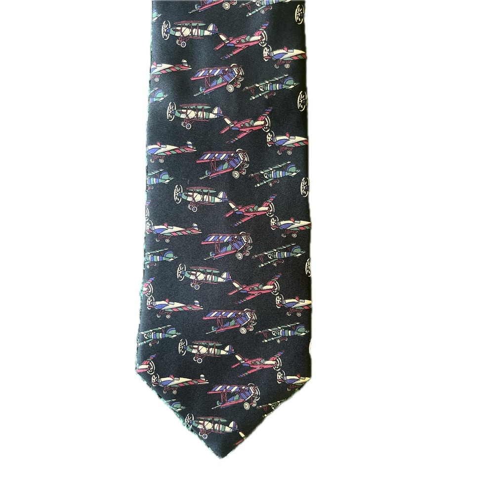 Rhymecliffe Mens Silk Tie Vintage Biplane Airplane Print Black Made in USA Mod